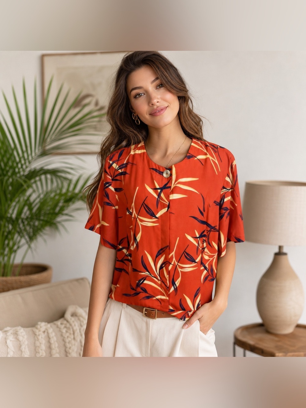 Vintage Kathy Che Blouse Sz 18 Orange Navy Bamboo Tropical Resort Hidden Buttons